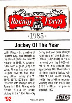 1993 Horse Star Daily Racing Form 100th Anniversary #92 Laffit Pincay Jr. Back